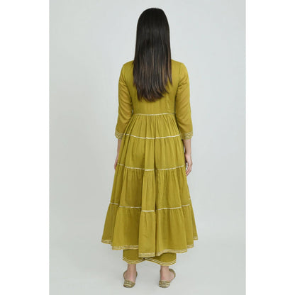 OMAANA Women Mulmul Green Kurta with Palazzo and Dupatta