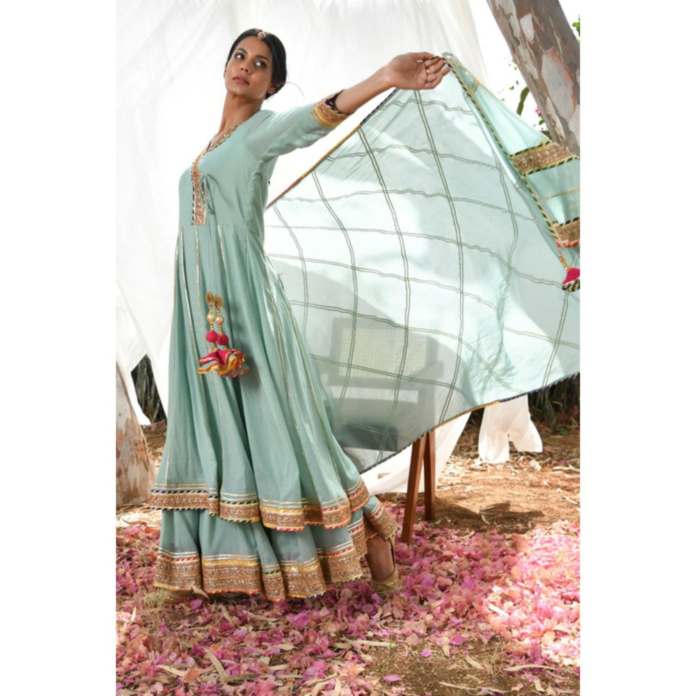 OMAANA Women Mulmul Blue Kurta with Sharara and Dupatta