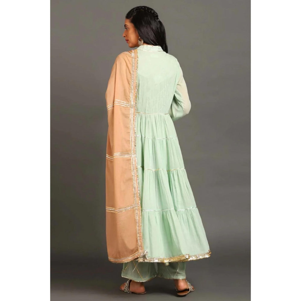 OMAANA Women Mulmul Green Kurta with Palazzo and Dupatta