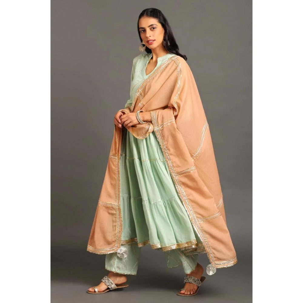 OMAANA Women Mulmul Green Kurta with Palazzo and Dupatta