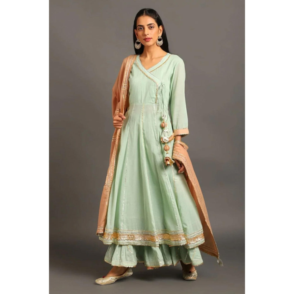OMAANA Women Mulmul Green Kurta with Sharara and Dupatta