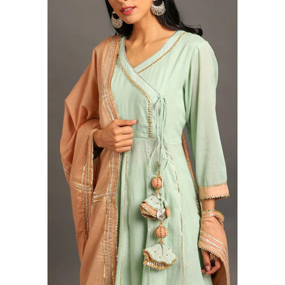 OMAANA Women Mulmul Green Kurta with Sharara and Dupatta