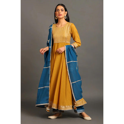 OMAANA Women Mulmul Mustard Anarkali Kurta with Pant and Dupatta