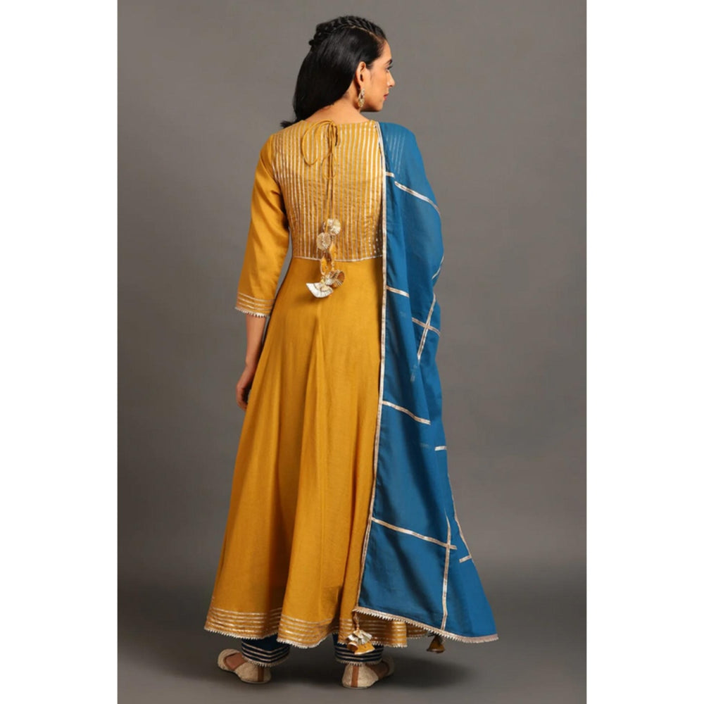 OMAANA Women Mulmul Mustard Anarkali Kurta with Pant and Dupatta
