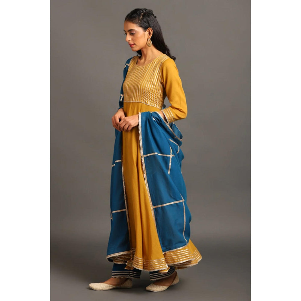 OMAANA Women Mulmul Mustard Anarkali Kurta with Pant and Dupatta