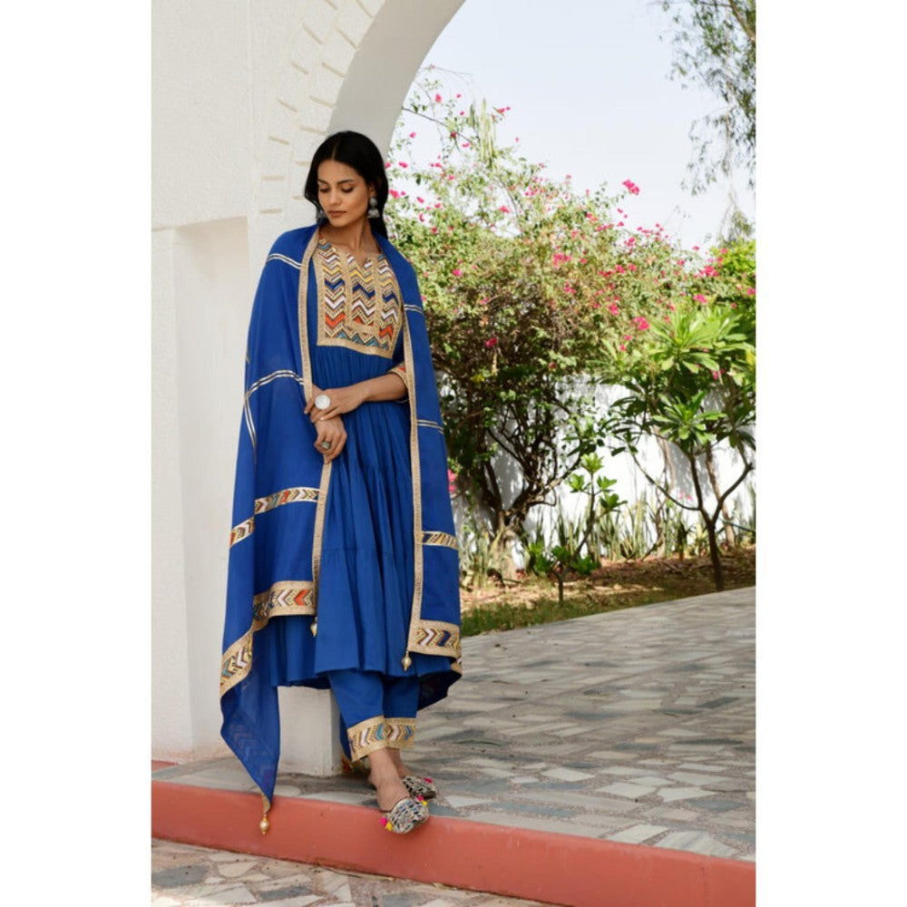 OMAANA Women Mulmul Blue Kurta with Pant and Dupatta