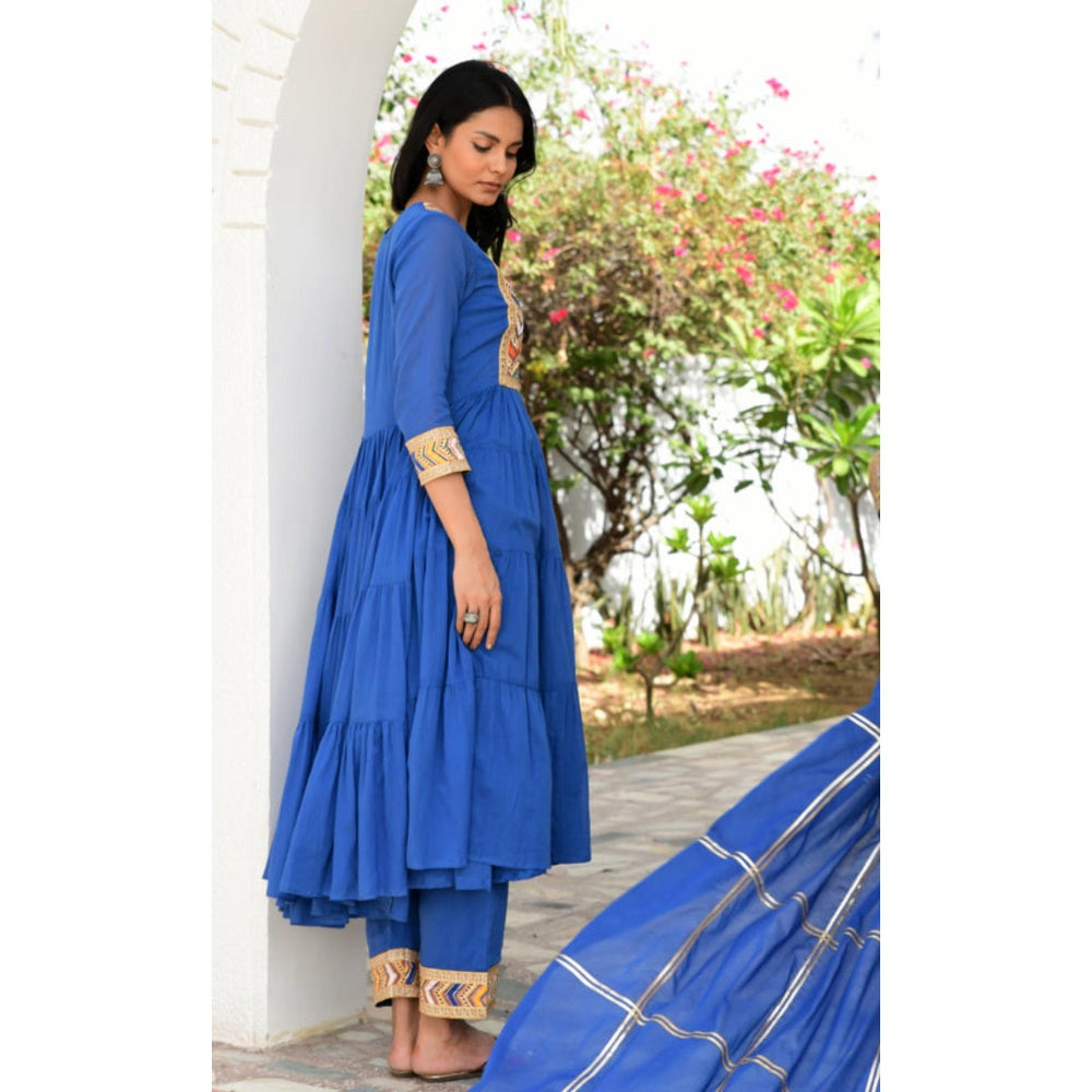 OMAANA Women Mulmul Blue Kurta with Pant and Dupatta