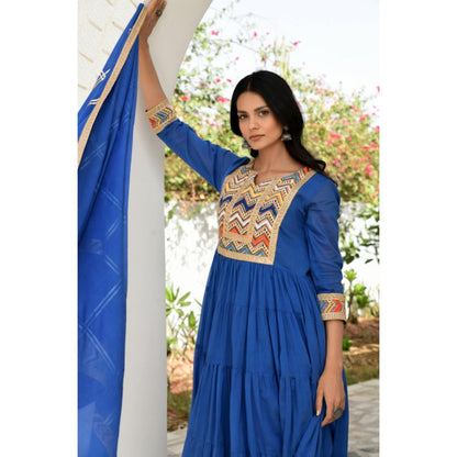 OMAANA Women Mulmul Blue Kurta with Pant and Dupatta