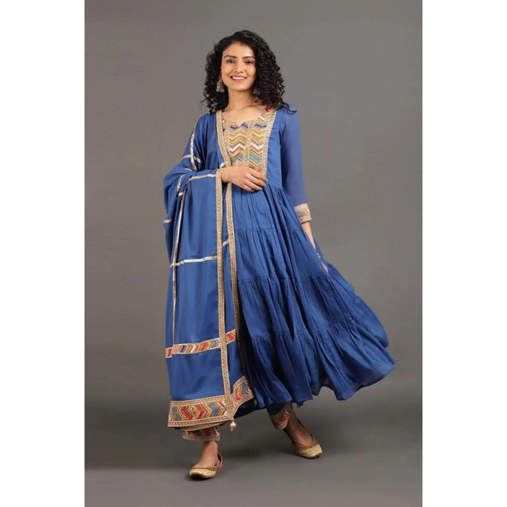 OMAANA Women Mulmul Blue Kurta with Pant and Dupatta