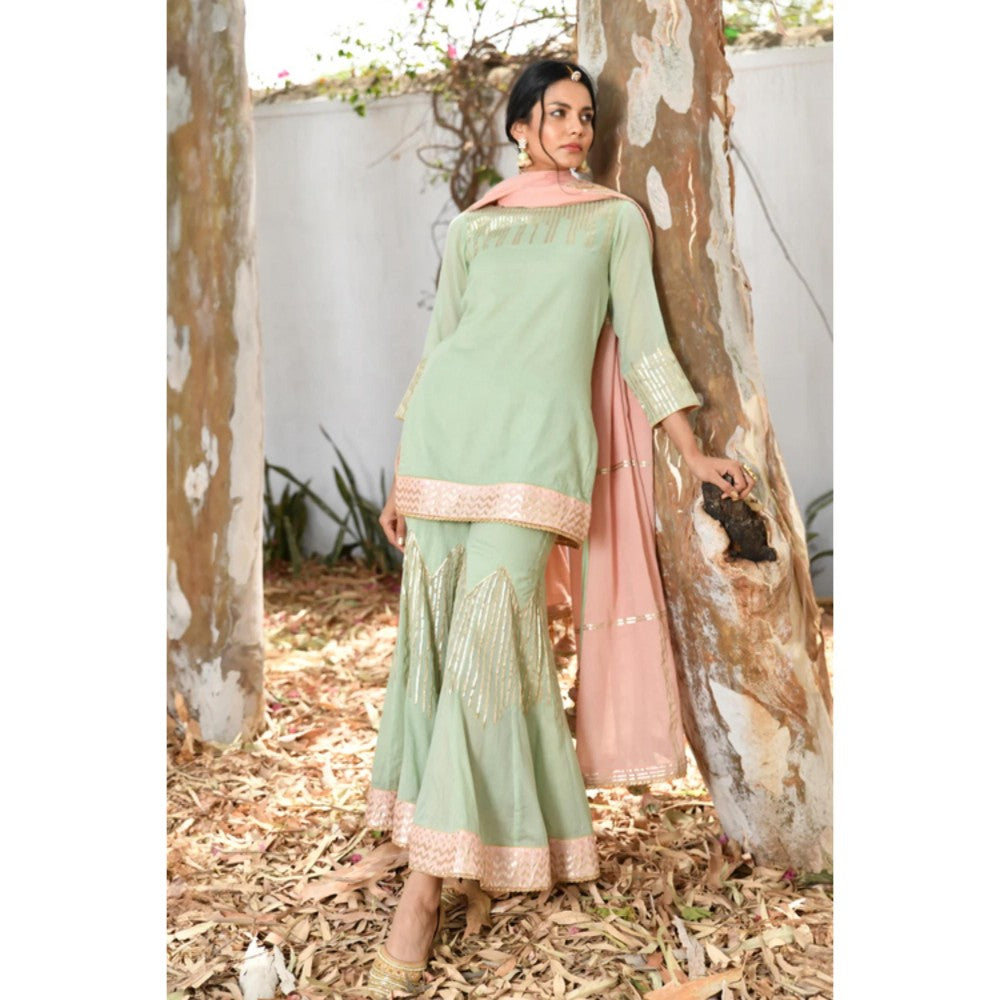 OMAANA Women Mulmul Green Kurta with Sharara and Dupatta