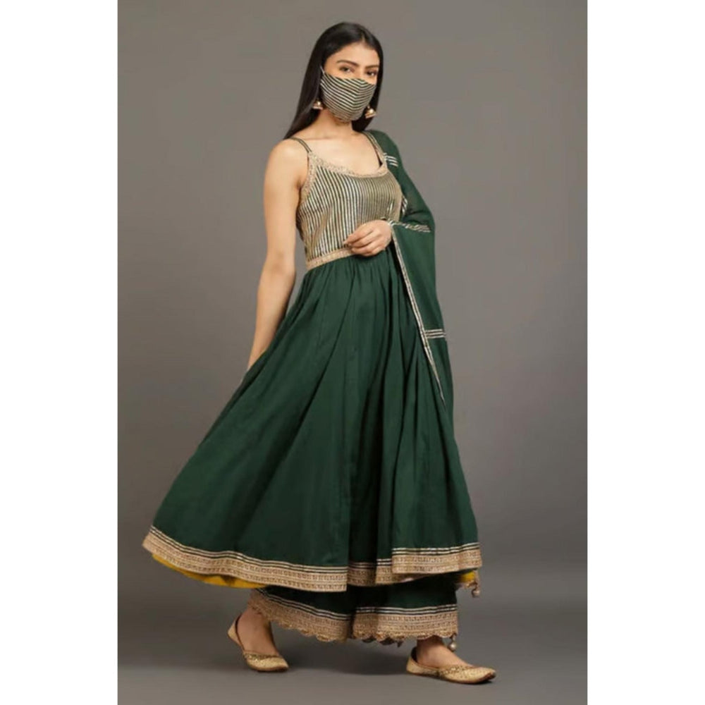 OMAANA Women Mulmul Green Anarkali Kurta with Palazzo and Dupatta