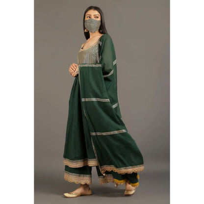 OMAANA Women Mulmul Green Anarkali Kurta with Palazzo and Dupatta