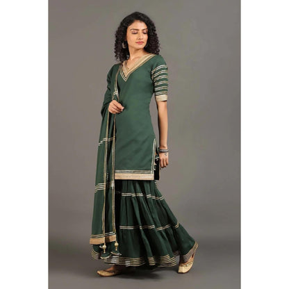 OMAANA Women Mulmul Green Kurta with Gharara and Dupatta
