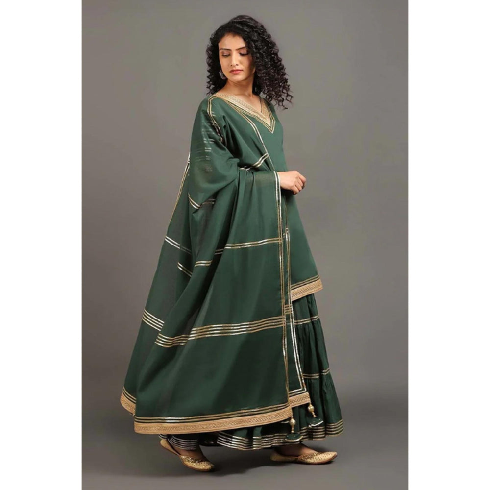 OMAANA Women Mulmul Green Kurta with Gharara and Dupatta