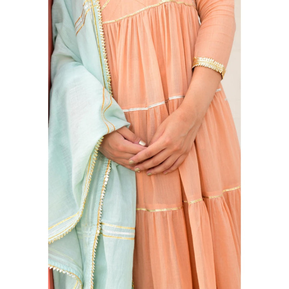 OMAANA Women Mulmul Peach Kurta with Pant and Dupatta
