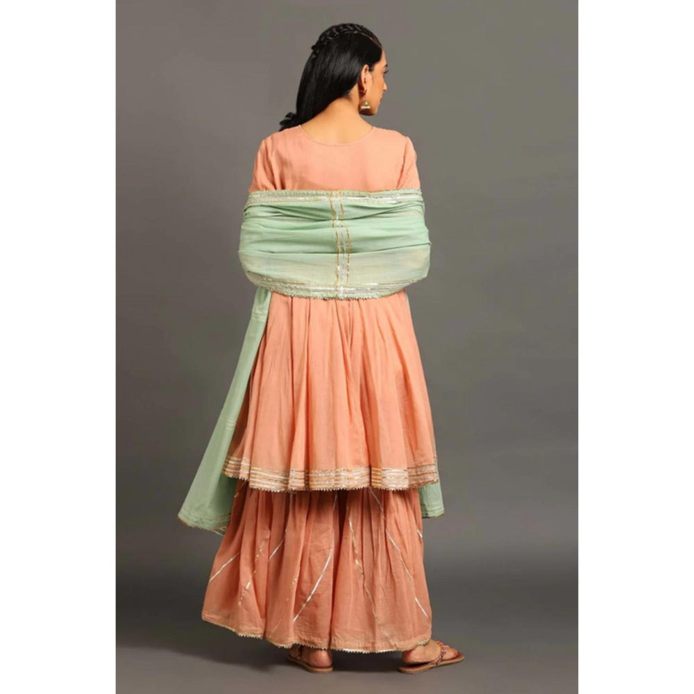 OMAANA Women Mulmul Peach Angrakha Kurta with Sharara and Dupatta