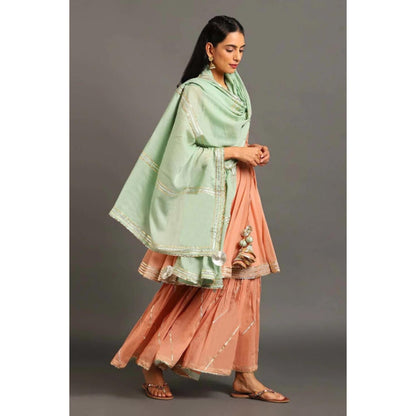 OMAANA Women Mulmul Peach Angrakha Kurta with Sharara and Dupatta