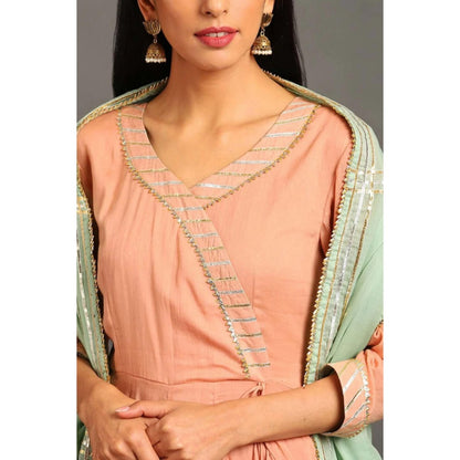 OMAANA Women Mulmul Peach Angrakha Kurta with Sharara and Dupatta