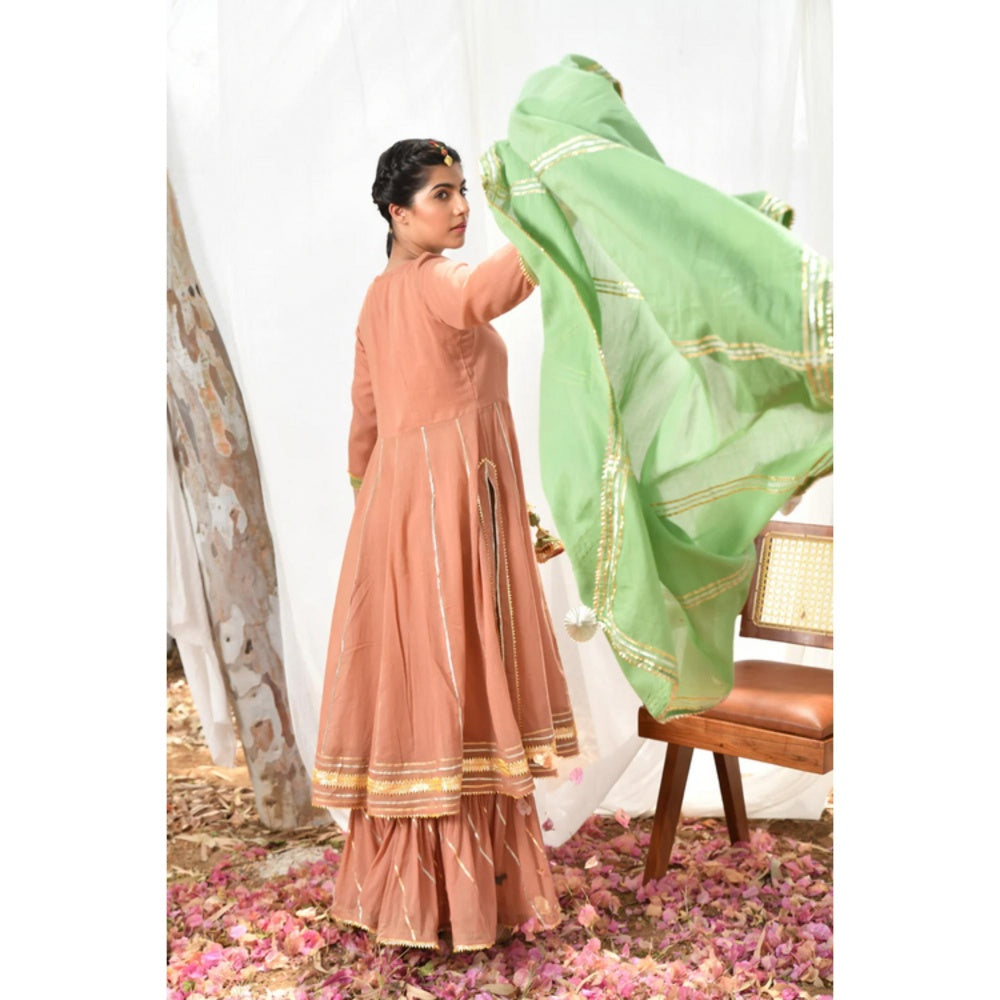 OMAANA Women Mulmul Peach Kurta with Sharara and Dupatta