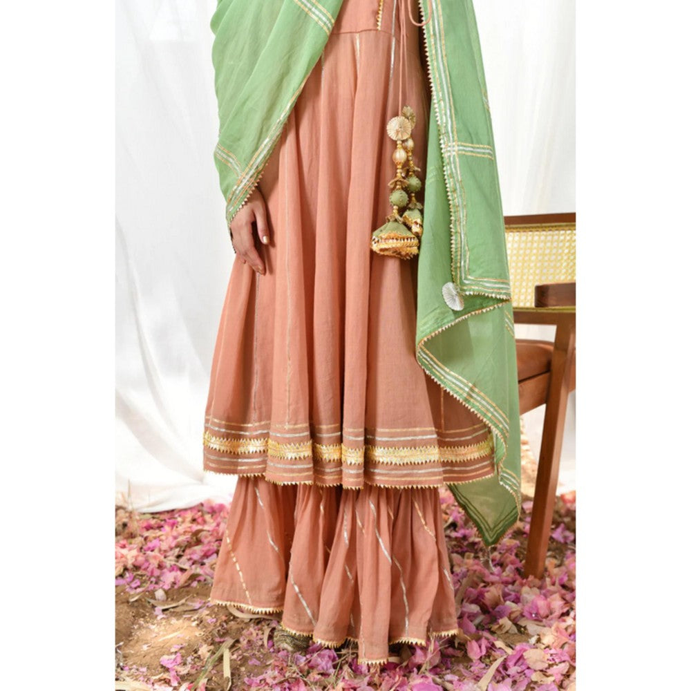 OMAANA Women Mulmul Peach Kurta with Sharara and Dupatta