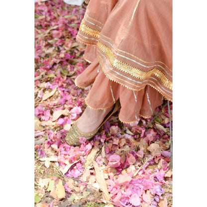 OMAANA Women Mulmul Peach Kurta with Sharara and Dupatta