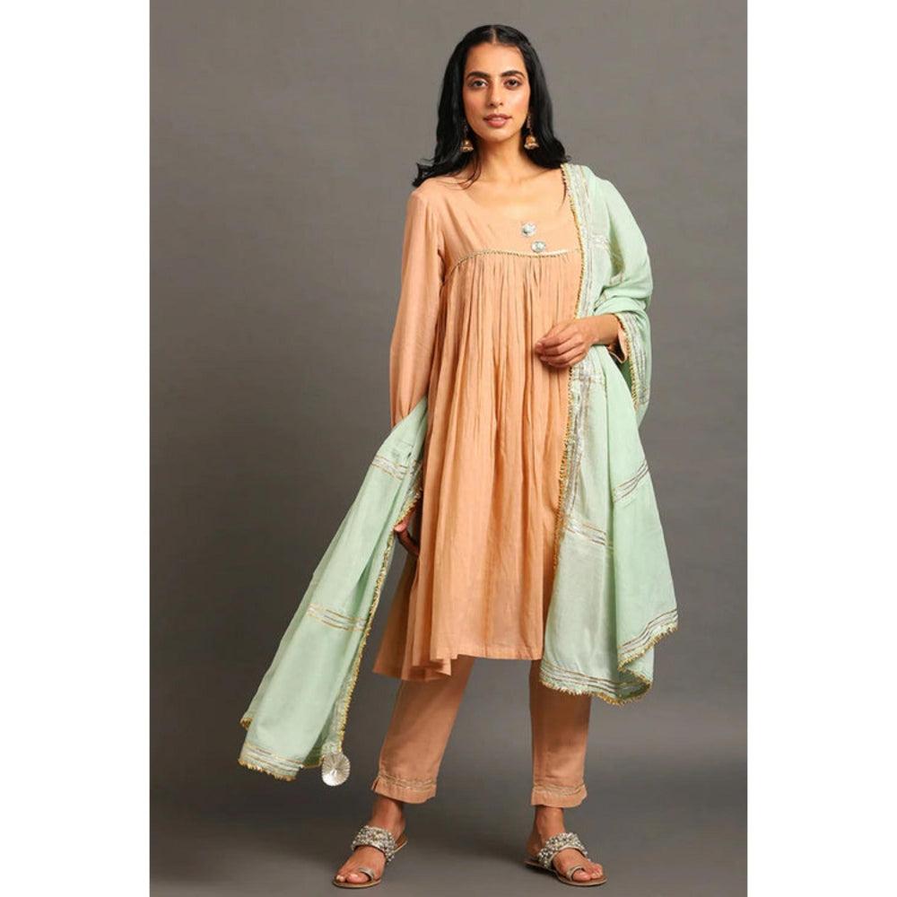 OMAANA Women Mulmul Peach Kurta with Pant and Dupatta