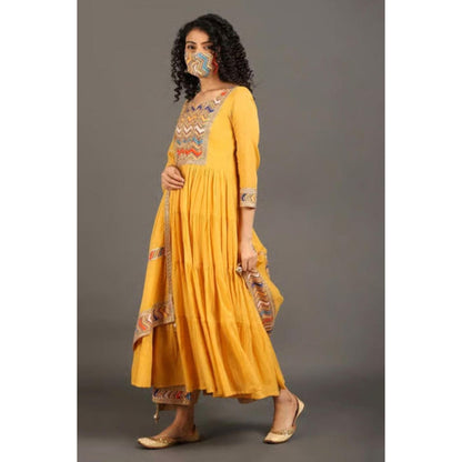 OMAANA Women Mulmul Yellow Kurta with Pant and Dupatta