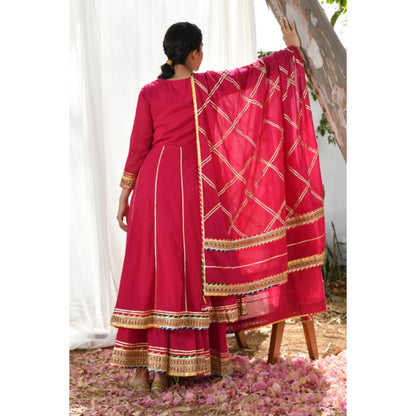 OMAANA Women Mulmul Magenta Kurta with Sharara and Dupatta