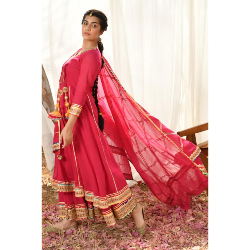 OMAANA Women Mulmul Magenta Kurta with Sharara and Dupatta