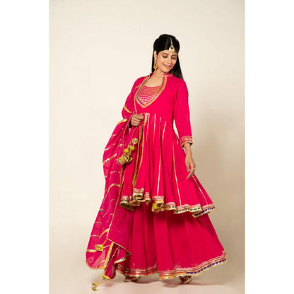 OMAANA Women Mulmul Magenta Kurta with Sharara and Dupatta