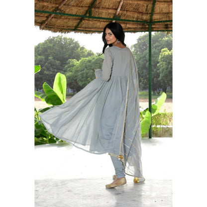OMAANA Women Mulmul Grey Anarkali Kurta with Churidar and Dupatta