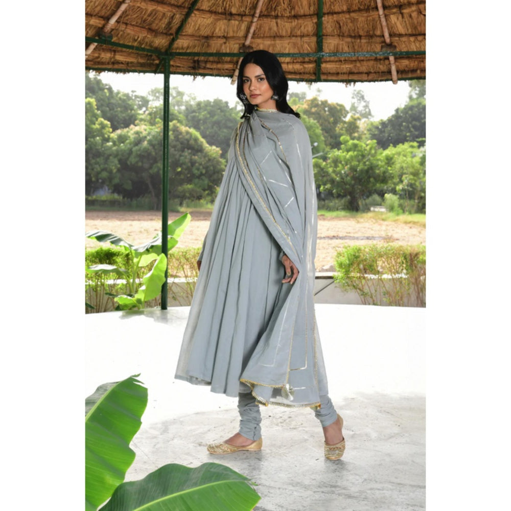 OMAANA Women Mulmul Grey Anarkali Kurta with Churidar and Dupatta