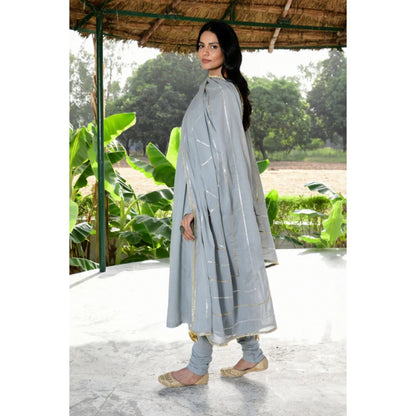 OMAANA Women Mulmul Grey Anarkali Kurta with Churidar and Dupatta