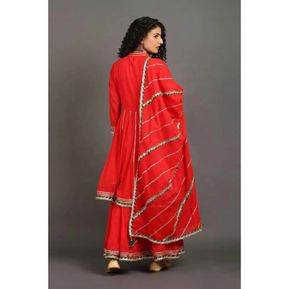 OMAANA Women Mulmul Red Kurta with Sharara and Dupatta