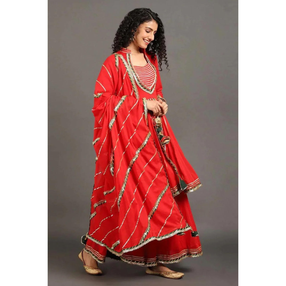 OMAANA Women Mulmul Red Kurta with Sharara and Dupatta