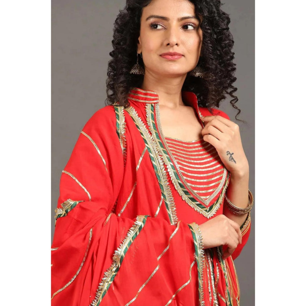 OMAANA Women Mulmul Red Kurta with Sharara and Dupatta