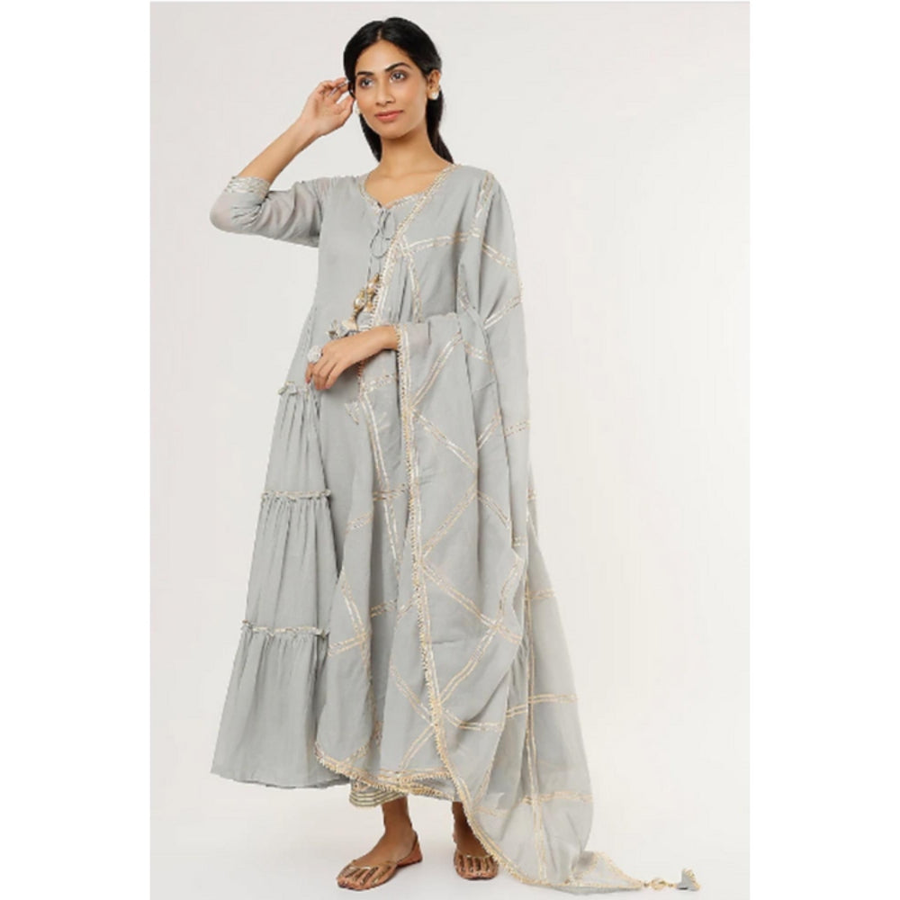 OMAANA Women Mulmul Grey Kurta with Pant and Dupatta