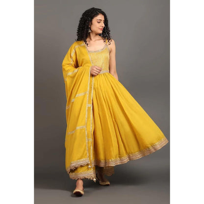 OMAANA Women Chanderi Yellow Anarkali Kurta with Palazzo and Dupatta