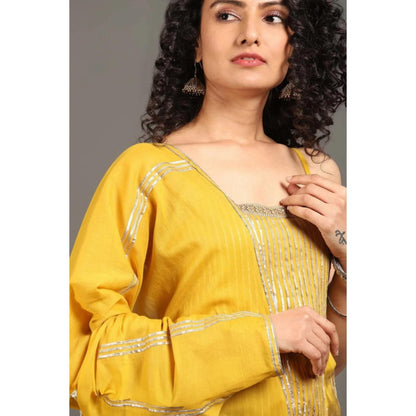 OMAANA Women Chanderi Yellow Anarkali Kurta with Palazzo and Dupatta
