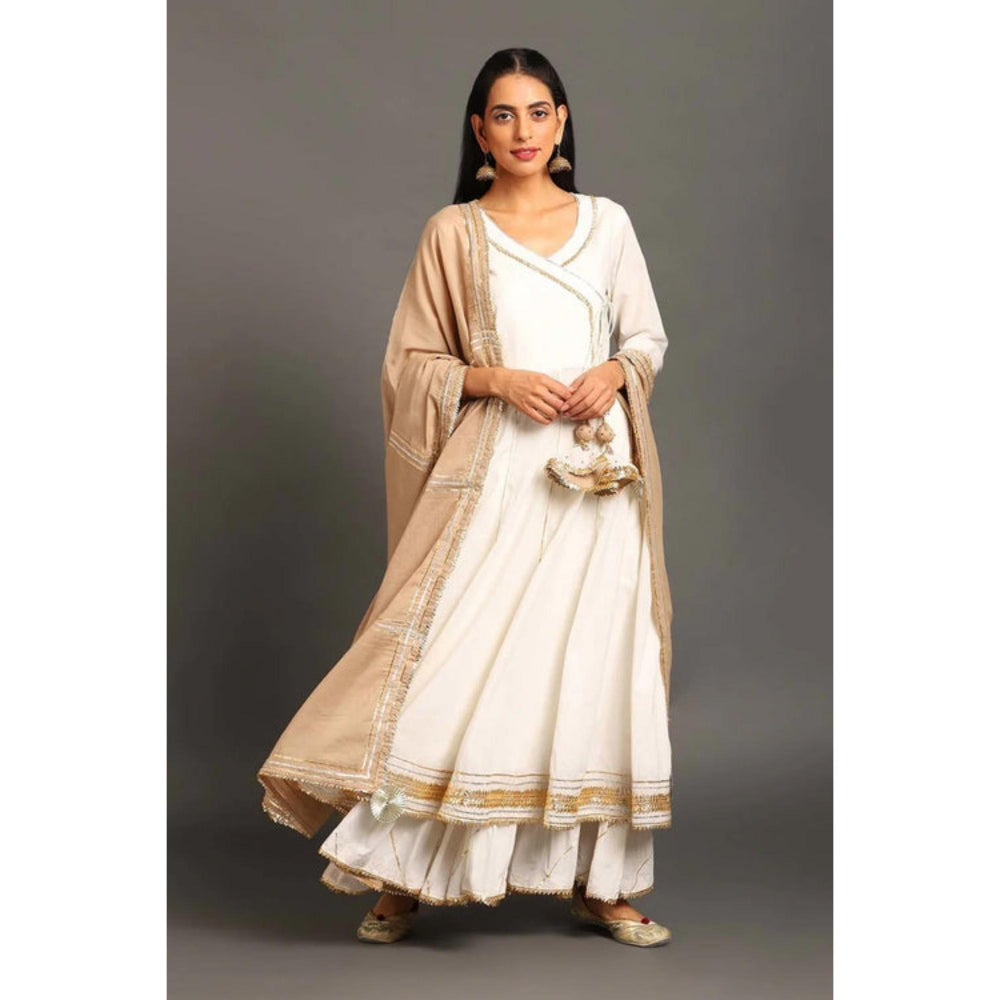 OMAANA Women Cotton White Kurta with Sharara and Dupatta