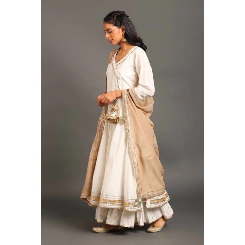 OMAANA Women Cotton White Kurta with Sharara and Dupatta