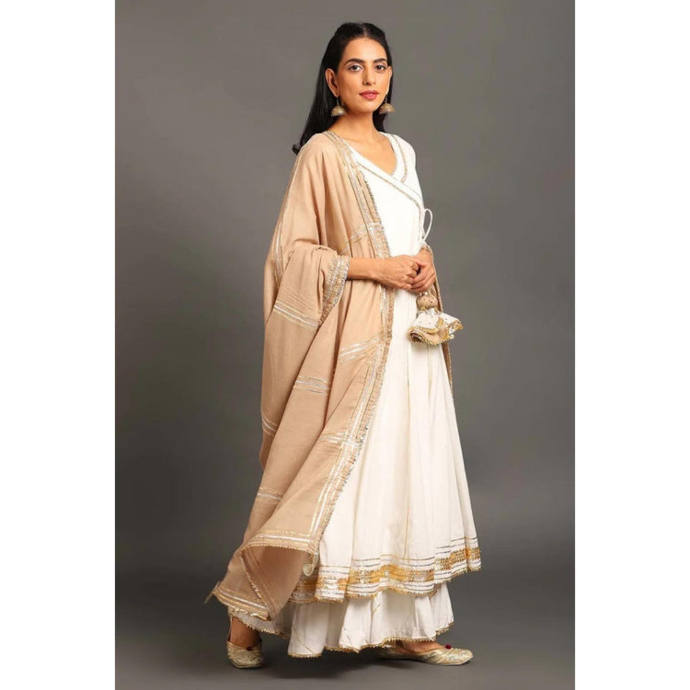 OMAANA Women Cotton White Kurta with Sharara and Dupatta