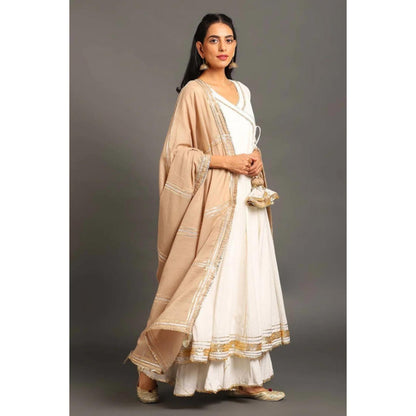 OMAANA Women Cotton White Kurta with Sharara and Dupatta