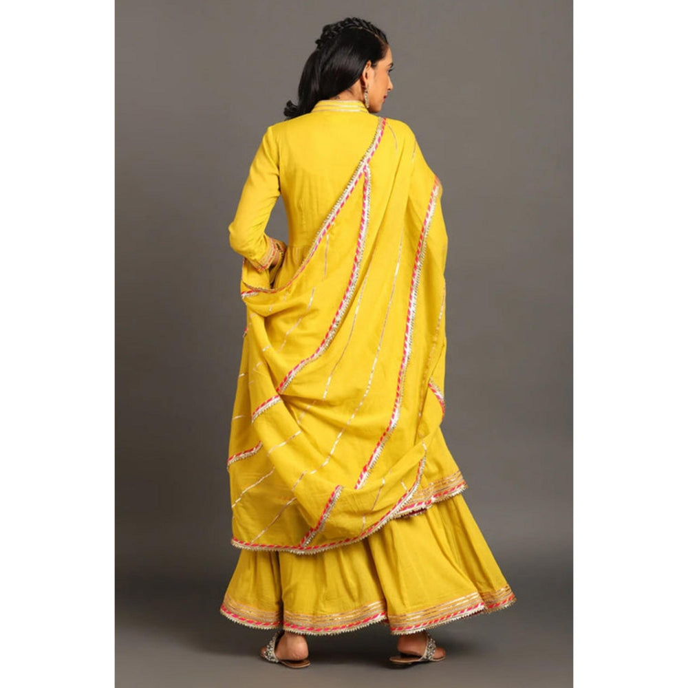 OMAANA Women Cotton Yellow Kurta with Sharara and Dupatta