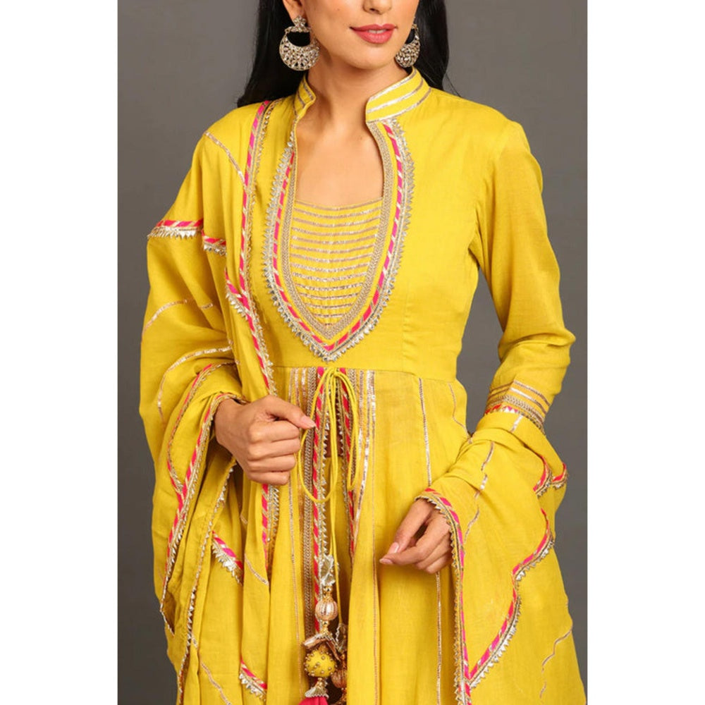 OMAANA Women Cotton Yellow Kurta with Sharara and Dupatta