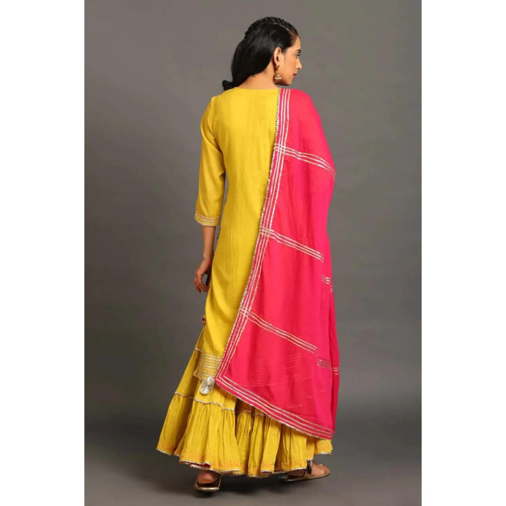 OMAANA Women Mulmul Yellow Kurta with Sharara and Dupatta