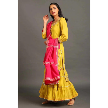 OMAANA Women Mulmul Yellow Kurta with Sharara and Dupatta