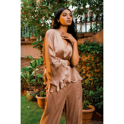 Omana by Ranjana Bothra Mocha Cowl Co-Ord (Set of 2)