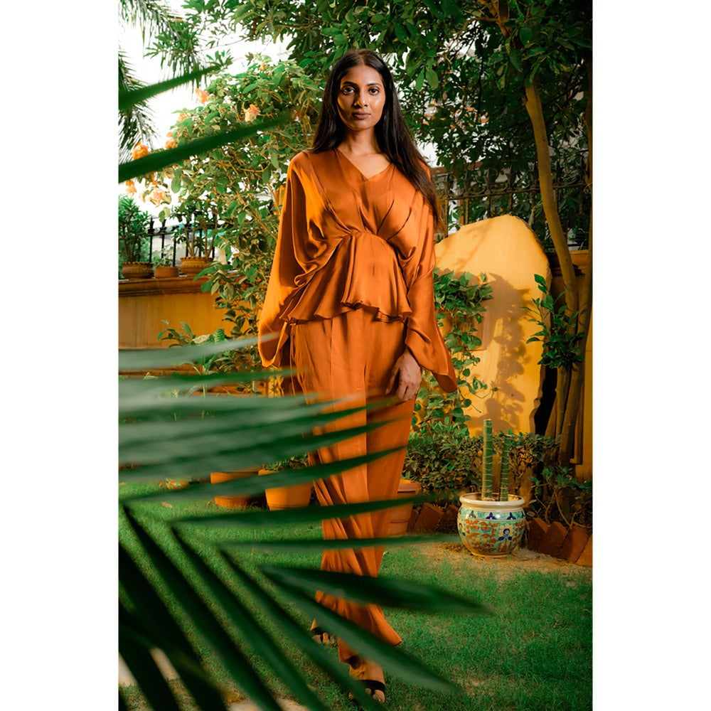 Omana by Ranjana Bothra Rust Orange Cowl Co-Ord (Set of 2)