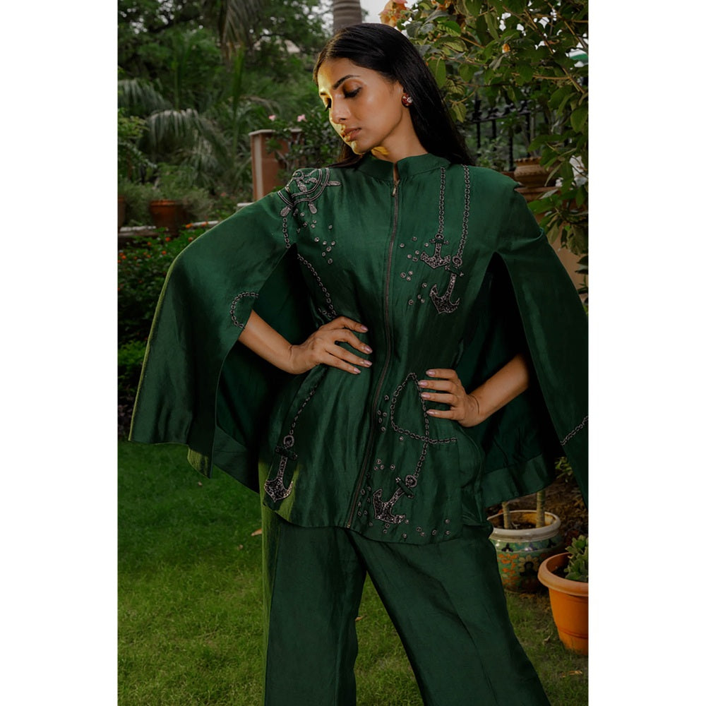 Omana by Ranjana Bothra Emerald Anchor Cape Co-Ord (Set of 3)